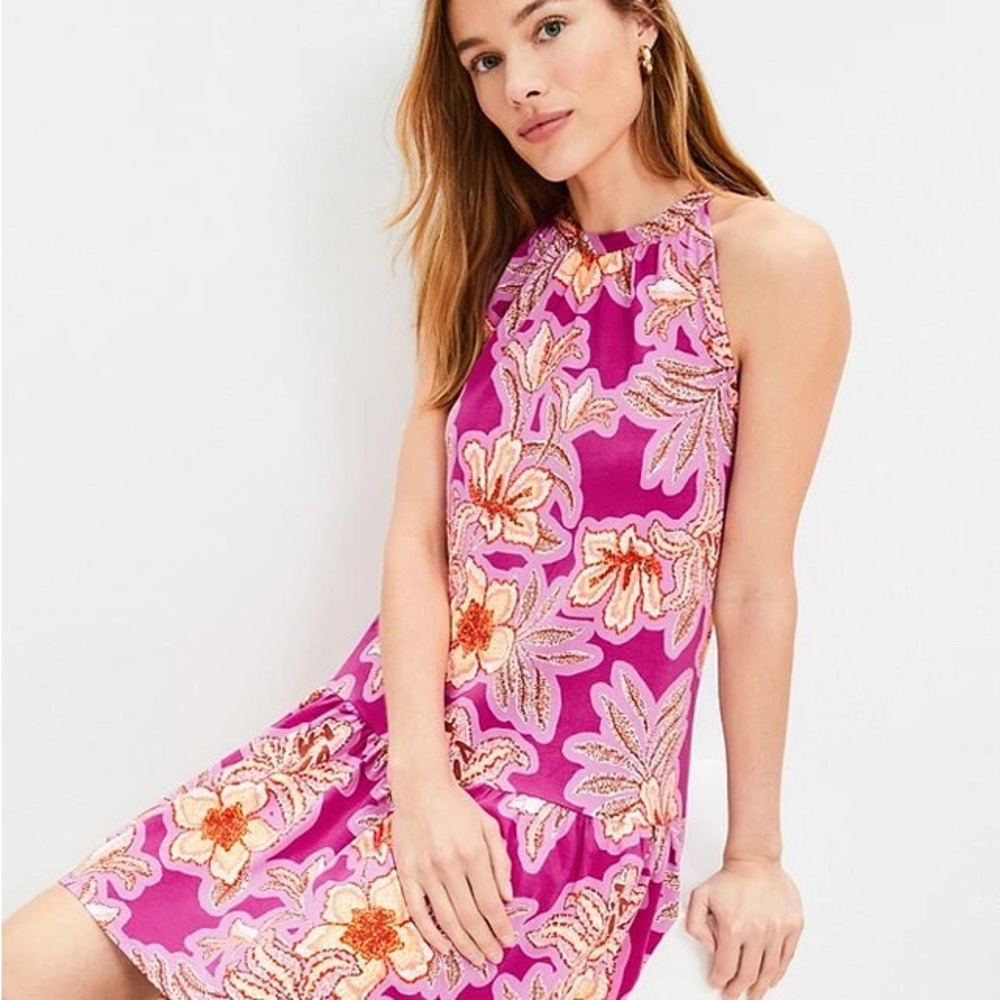 LOFT Pink and Orange Floral A-Line dress